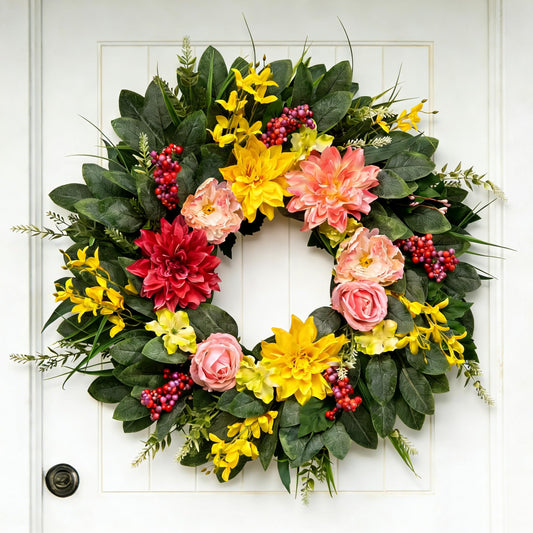 Spring Summer Eucalyptus Wreaths for Front Door Outside 24Inch Door Yellow Daisy Wreath with Sunflower Peony Dahlia Green Leaves for All Season Indoor Outdoor Home Farmhouse Porch Wall Window Decor