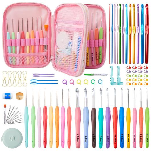 INSCRAFT 87 Pcs Crochet Hook Set, 19 Sizes 0.5mm-8mm(L), Ergonomic Soft Grip Handles Crochet Needles Kit with Case for Arthritic Hands, Crochet Starter Kit for Beginners Knitting Yarn Lovers