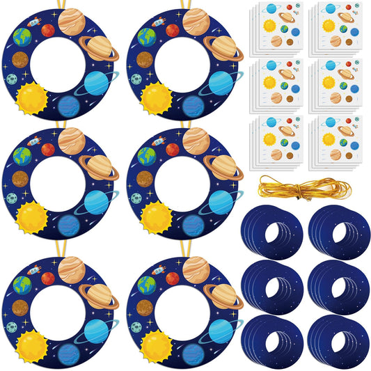 Lonfliness 24 Sets Space Wreath Craft Kits DIY Hanging Decor Solar System Paper Wreath Craft Ornament with Planet Stickers Outer Space Party Supplies for Home School Classroom Activities