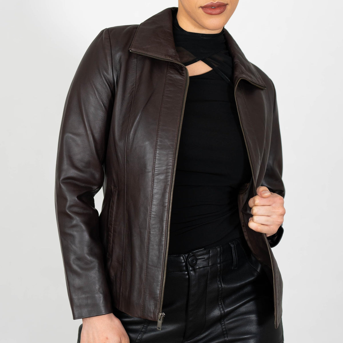 BRICK LANE Timeless Design Leather Jacket for Women | Genuine Lamb Nappa Leather Jacket (US, Alpha, XX-Large, Regular, Regular, Brown)