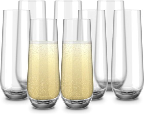 KooK Champagne Flutes - Set of 8 Stemless Glasses | 9.4oz Rose Prosecco Glasses for Weddings & Parties