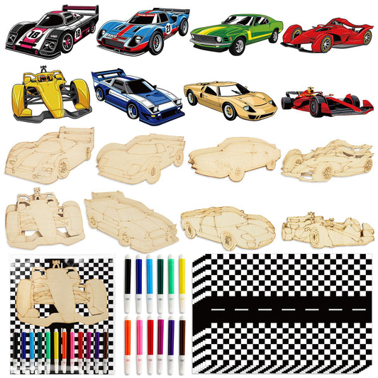 gisgfim 16 Sets Race Car Wooden Painting Kit Race Car Party Favors Wood Painting Crafts Bulk Racing Cards Creative Art Craft Set Thank You for Coming Gifts for Kids Boys Girls Birthday Party Supplies