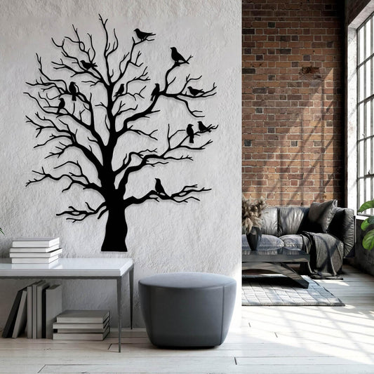Jogwenu Metal Birds and Branches Wall Decor, Large Tree of Life Metal Wall Art, Bird Wall Decor, Tree Branch Wall Art, Nature Wall Sculpture, Living Room Outdoor Hanging (Black, 24" x 19"/60 x 49cm)