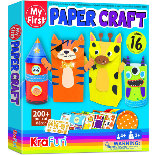 KRAFUN My First Safari Animal Paper Craft Kit for Kids Age 3+, 16 DIY Arts & Crafts Projects, Paper Bags Plates Rolls, Activity Set for Boys Girls with Lion Tiger Giraffe Elephant