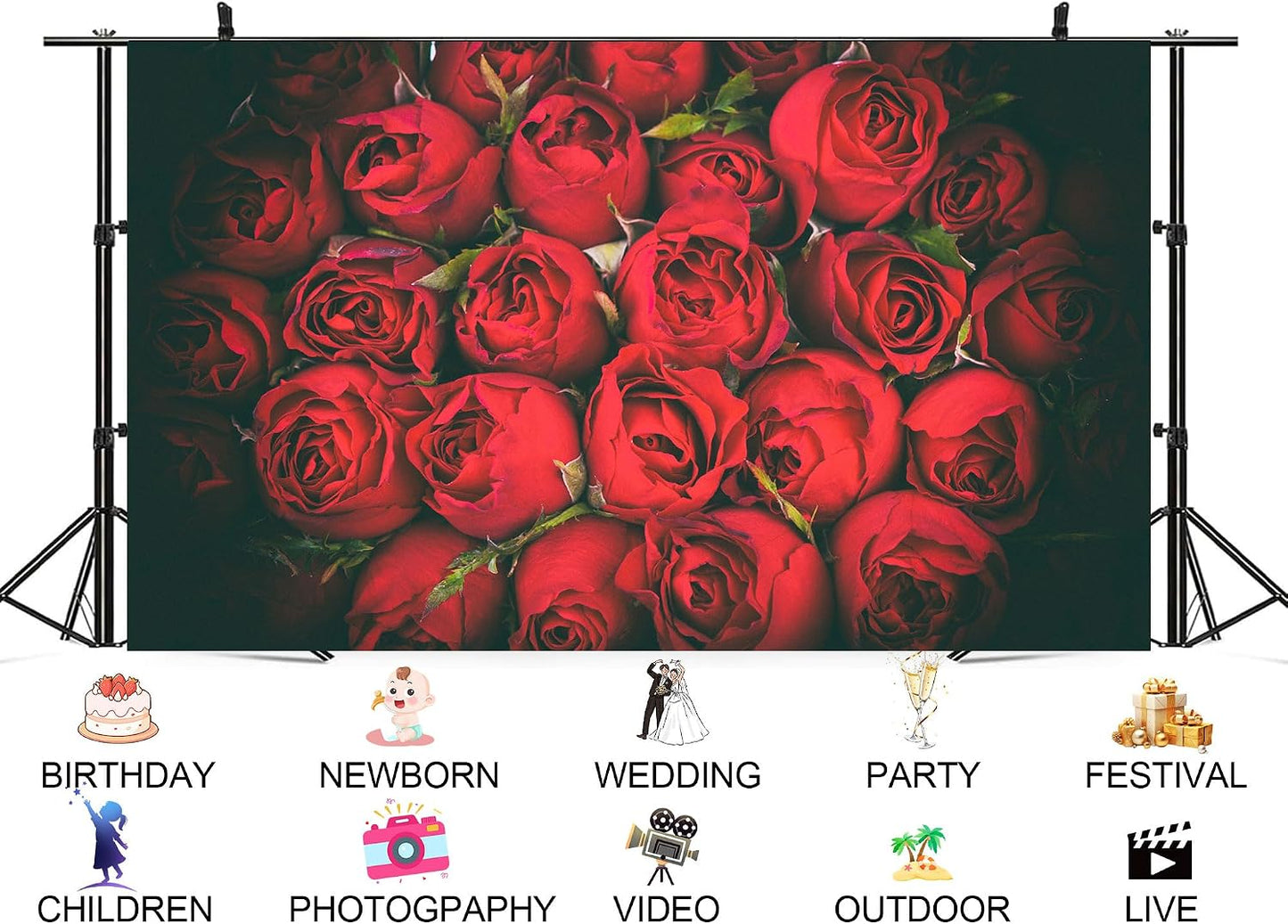 UPXIO 10x7ft Dense Red Roses Bouquet Backdrop Romantic Floral Deep Red Petals Photo Background Tapestry for Wedding