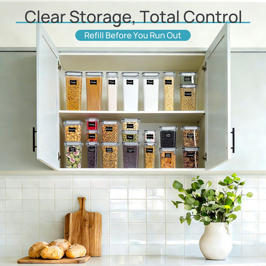 Airtight Food Storage Containers with Lids, Vtopmart 24 pcs Plastic Kitchen and Pantry Organization Canisters for Cereal, Dry Food, Flour and Sugar, BPA Free, Includes 24 Labels，Black