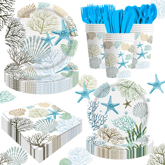 140Pcs Ocean Seashell Coastal Beach Starfish Coral Party Plates Supplies Tableware Decorations Disposable Paper Plates Napkins Forks for Birthday Summer Baby Shower, Serves 20