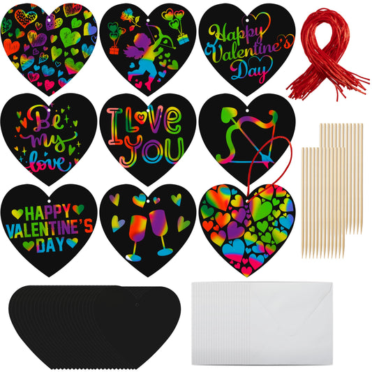 JOYIN 36 Packs Valentines Day Gifts Cards for Kids Magic Color Scratch Heart Rainbow Scratch Paper Heart Valentine Crafts and Art for Kids Classroom Exchange Create Rainbow Art Without Ink