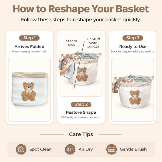 Teddy Bear Storage Basket for Nursery – Large 15"x11" Cotton Rope Bin with Soft Embroidered Bear Patch – Gender Neutral Toy Organizer, Baby Laundry Hamper, Blanket & Diaper Holder