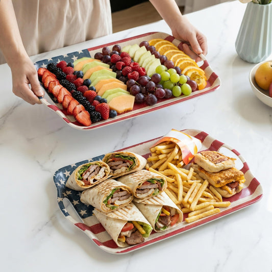 KINGEN 2-Pack Patriotic Bamboo Fiber Serving Trays - 18×13-inch Extra Large w/Handles Tray, Stars & Stripes Platters for 4th of July, Christmas, Birthday, BBQ, Party - Red, White & Blue Decor