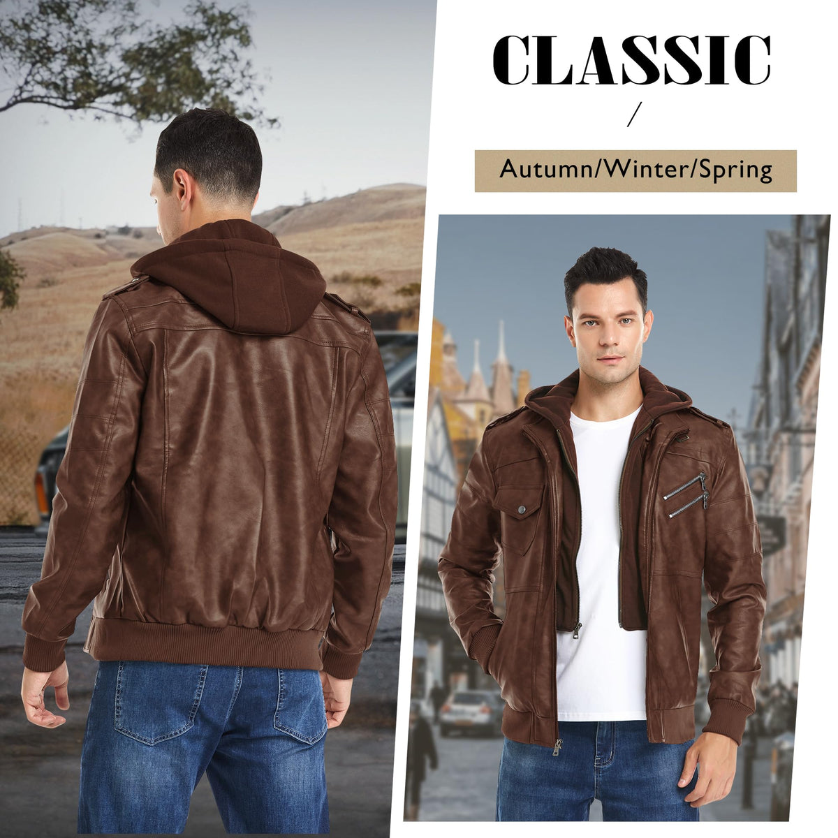 JYG Men's Faux Leather Jacket Stand Collar Motorcycle Bomber Jackets with Removable Hood (Brown,2XL)