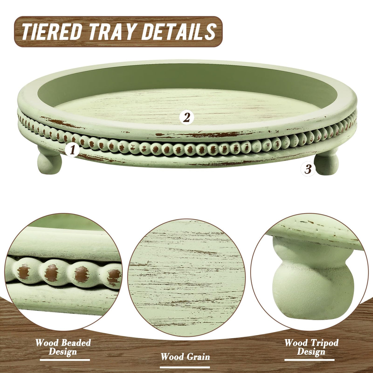 KULEDM Handmade Wooden Decorative Tray, Small Beaded Coffee Table Tray Decor, Sage Round Serving Tray for Coffee Table, Dining Room Table Entryway and Living Room Table