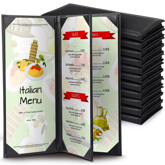 Jexine 12 Pcs Black Menu Covers Waterproof Restaurant Cafe Bar PU Leather 4 View Fold Menu Book with Angled Corners for Wine Drinks Cafes List Covers Set, 4.25 x 11 Inches