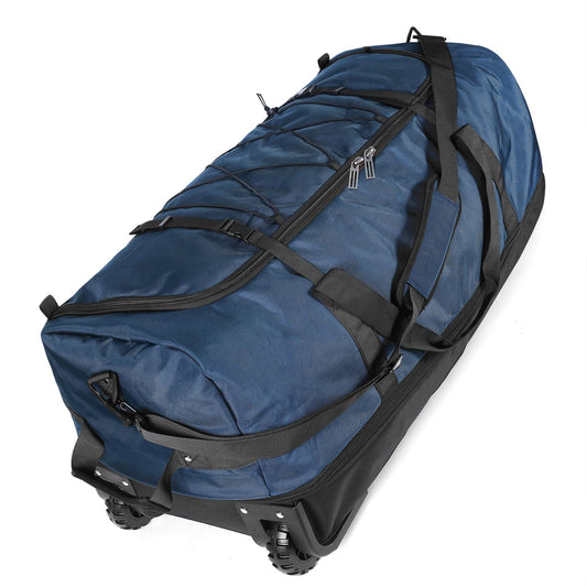 Vrtisa 110L Expandable to 140L 32” Foldable Oxford Soft-Sided Rolling Duffle Bag with 2 Heavy-Duty Wheels,2 Large Compartments,Adjustable Shoulder Strap and Attached Organizer Pouch,Navy Blue