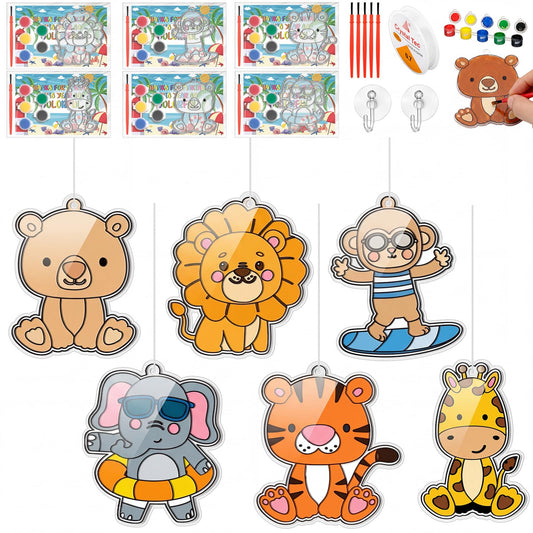 Kathfly 24 Sets /146 Pcs End of Year Gifts for Kids Suncatchers Craft Kit Create Your Own Window Paint Art Animals Beach Ocean Palm Themed Sun Catchers Craft Kits for School Graduation Party Exchanges