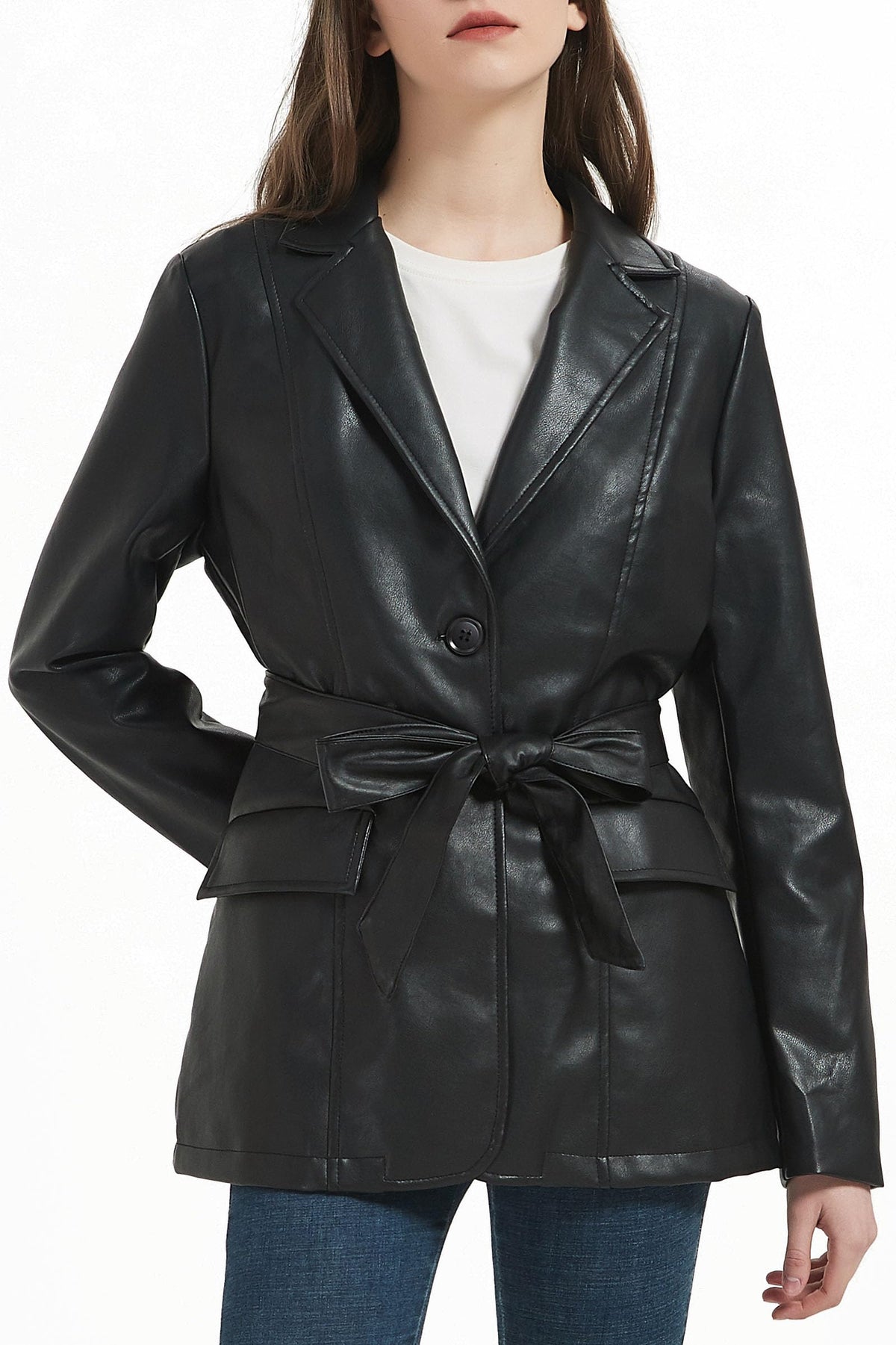 RISISSIDA Women Faux Leather Blazer Jacket with Belt,Soft PU Coat,Black,S