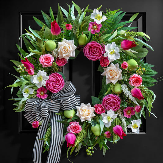 Spring Summer Wreaths for Front Door 24 Inch with Roses, Tulips & Greenery Spring Wreaths for Front Door Outside Summer Door Wreath with Ribbon Bow & Decorative Fruits Outdoor Wreath for Front Door