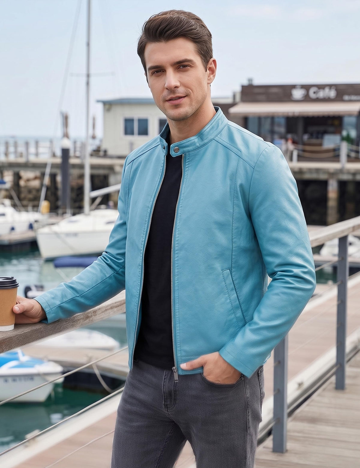 Blue Leather Jacket Men Faux Leather Motorcycle Stand Collar Biker Coat L