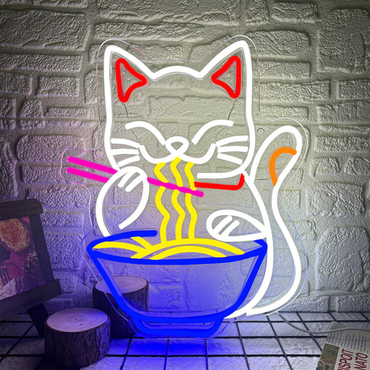Fortune Cat Ramen Neon Sign, Dimmable Japanese Lucky Cat Noodle LED Neon Sign for Wall Decor, USB Powered for Restaurant Bar Party Bedroom Birthday Gifts(15.7 * 12.7in)