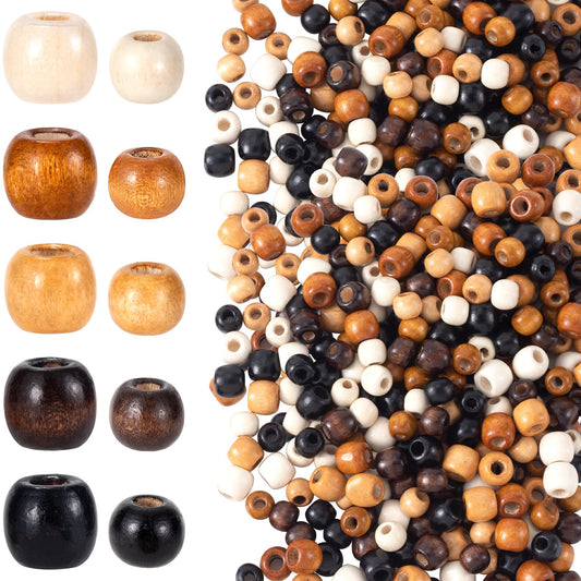 Pndeyo 600pcs Wooden Beads for Crafts, 9x10mm & 11x12mm Round Large Hole Natural Wood Hair Bead, Vintage Wooden Spacer for Macrame Necklace Bracelet DIY Craft Handmade Decor- 5 Colors