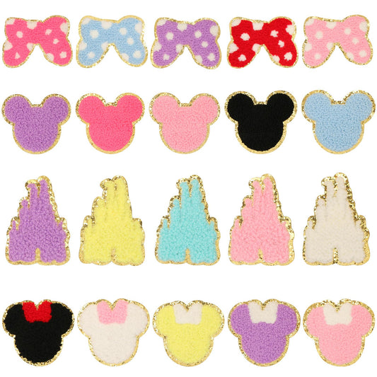 20 PCS Chenille Mouse Head Iron on Patches, DREMISI Colorful Mouse Castle Bowknot Embroidered Patches Glitter Trimmed Mouse Decorative Patches Sew On Embroidered Applique for Clothing Jackets Backpack