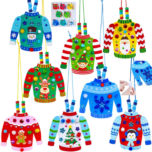 Winlyn 24 Sets Christmas Decorations DIY Ugly Sweater Necklaces Ornaments Winter Crafts Kits Foam Sweater Festive Foam Stickers for Kids Holiday Seasonal Gift Home Classroom Activities Party Favors