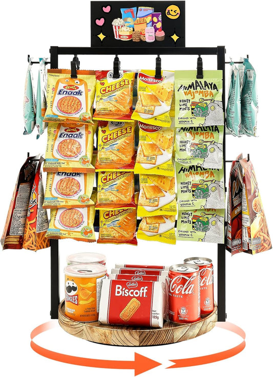 Poyilooo Snack Bar Organizer - 4-Tier 360° Rotating Chip Rack Display Stand | Black Candy Display for Kitchen & Retail
