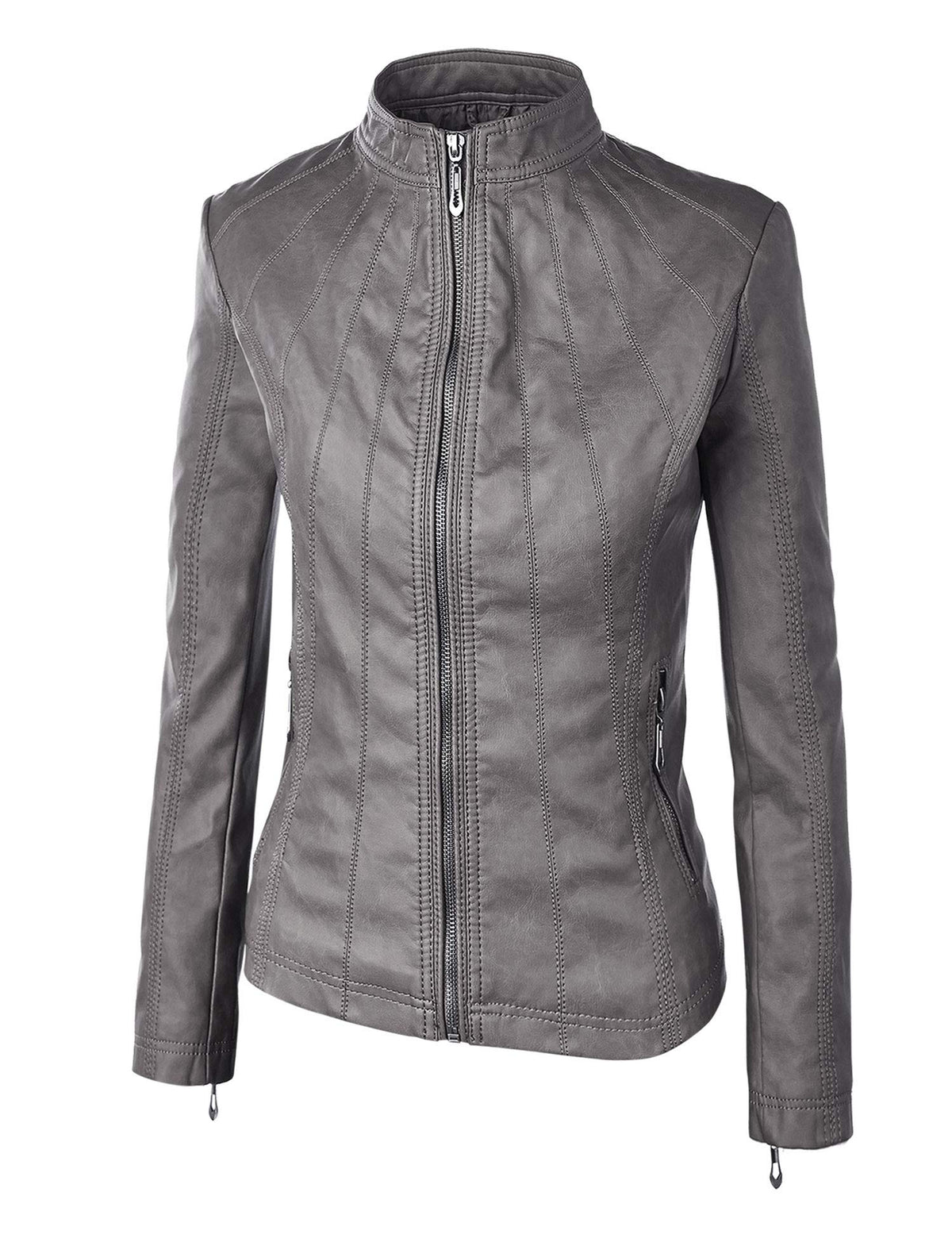 Lock and Love LL WJC877 Womens Panelled Faux Leather Moto Jacket XL GREY