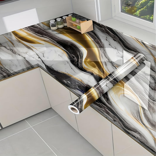 mwpqbd Wallpaper Kitchen Cooktop Oil Resistant Sticker Furniture Renovation Sticker Living Room TV Background Marble Texture Light Luxury Wallpaper Self-Adhesive (Black Gold Grain)