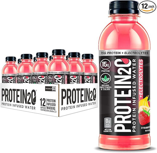Protein2o + Electrolytes, Low Calorie Protein Infused Water, 15g Whey Protein Isolate, Strawberry Banana, 16.91 fl oz (pack of 12)