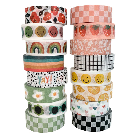 Washi Tape Set of 16 Rolls of 15 mm Wide Cute Decorative Washi Tape for Journaling, Scrapbook, Washy Crafts, Bullet Journals, Planners, DIY Décor, Craft Supplies For Adults & Kids (Splash)