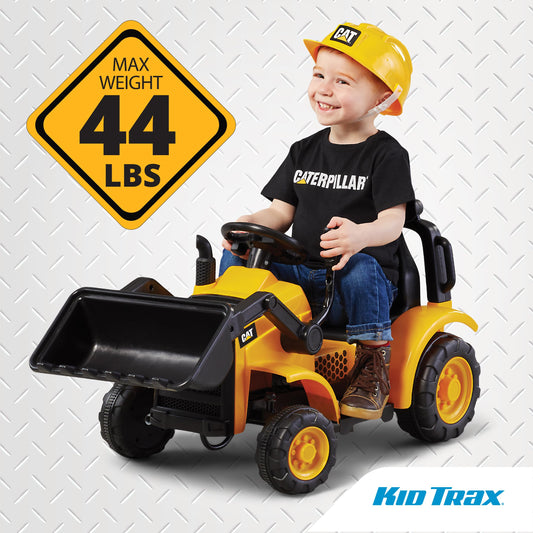 Kid Trax 6V CAT Frontloader Ride-On Toy for Kids, Ages 18-36 Months, Max Weight 44 lbs, Easy Push Button Drive System and Pull Front Bucket Lever, Includes Toy Hard Hat