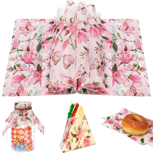 150 Sheets Watercolor Magnolia Butterfly Deli Paper, 9.8 x 8.3in Magnolia Blossom Pattern Grease Resistant Proof Sandwich Wrap Paper Liners Greaseproof for Home Kitchen