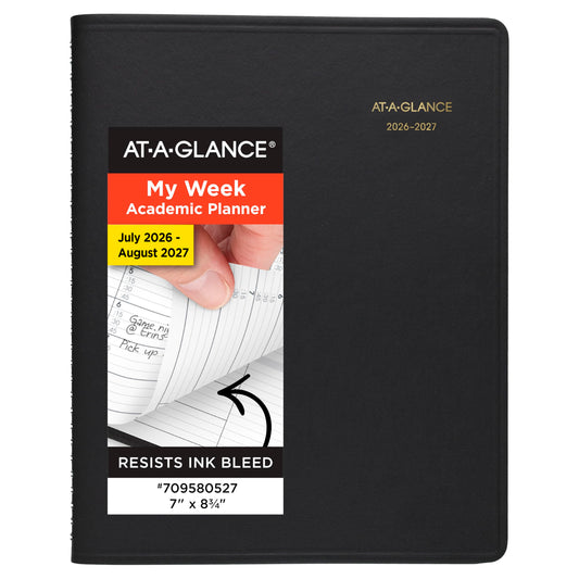 AT-A-GLANCE Planner 2026-2027 Weekly Academic 14-Month July-August, Quarter-Hourly Appointment Book, 7" x 8-3/4", Black (7095805)