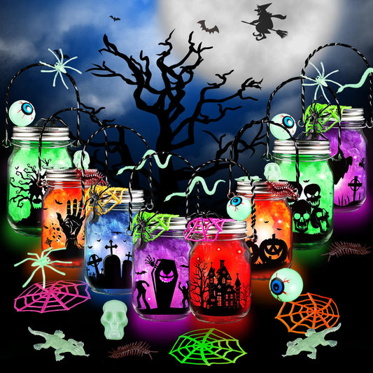 Shemira Halloween Craft Kit for Kids,8 pcs Glass Mason Jar with Accessories for DIY Lantern Jar, Halloween Art & Craft Party Supplies, Halloween Art Activities, Crafts and Arts Party Supplies