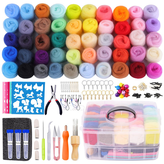 QMNNMA 241 Pcs Needle Felting Kit - Complete Needle Felting Tools and Supplies with Felt Wool 50 Colors, Felt Molds, High Density Foam Pad Storage Box for DIY Craft Animal Home Decoration