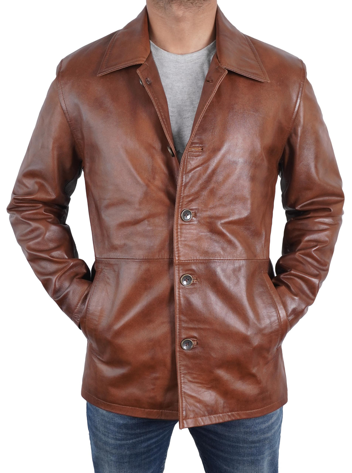STOREJEES Brown Leather Jacket Men | Car Coat Brown, 5XL