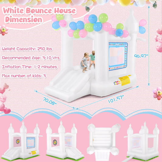 White Inflatable Bounce House for Kids, Blow Up Backyard Bouncy Castle with Slide, Water Doodle Mat, Basketball Hoop, Target & Balloons (White Bounce House Without Blower)