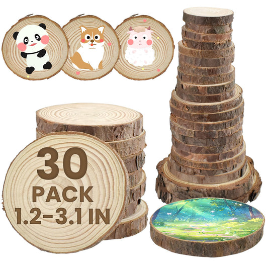 MARRTEUM 30Pcs 1.2"-3.1" Unfinished Natural Wood Slices, Round Wood with Tree Bark Discs Circles Cookies for DIY Arts & Crafts, Coaster, Christmas Ornaments, Rustic Wedding Decoration