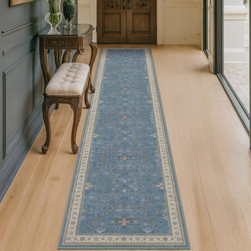 Hazo Haus Non-Slip 10ft Long Hallway Runner Rug - Washable & Waterproof Blue 2x10 Kitchen Mat | Modern Boho Design