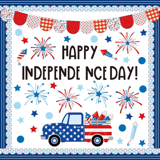 JarThenaAMCS 74Pcs Happy Independence Day Bulletin Board Kit Patriotic Red Blue Star Paper Cutouts with 100Pcs Glue Points 4th of July DIY Craft Art Decor for 250th Anniversary School Home Party