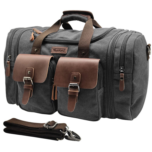 Wildroad 50L Travel Duffel Bag, Expandable Canvas Genuine Leather Duffle Bag Upgraded Overnight Weekender Carry on Bag