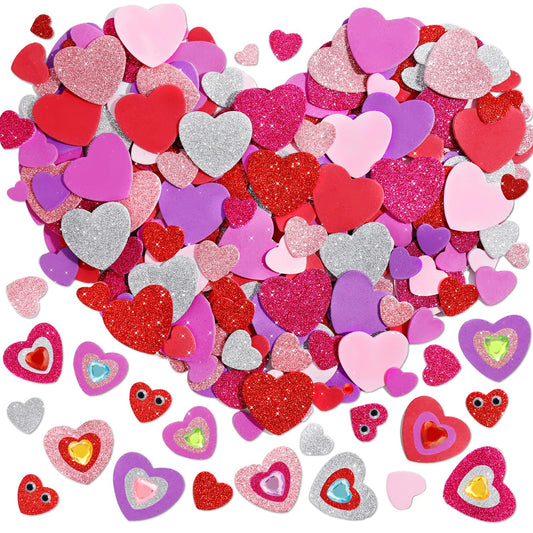 Japior 864 Pcs Valentines Foam Heart Stickers, Self Adhesive Glitter Heart Shaped Stickers with Gem Diomand and Googly Eyes for Valentine Craft Supplies