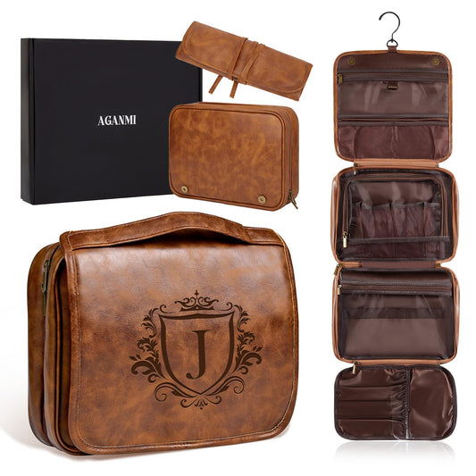 Aganmi Personalized 3-in-1 Hanging Toiletry Bag Fathers Day Birthday Gifts for Men Dad Husband, Custom Initial Large Waterproof PU Leather Dopp Kit Shaving Bag Travel Essential for Him Light Brown J