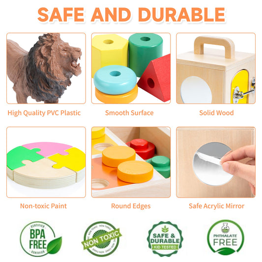 Montessori Toys for 1 2 Year Old, 9 in 1 Wooden Toddler Educational Set, Includes Lock Box, Puzzle, Color Sorting Board, Lacing Beads, Shape Sorter & Animal Figures, Gift for 19-24 Months Boy & Girl
