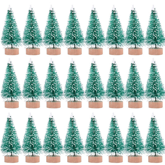 24 Pieces Artificial Mini Christmas Sisal Snow Frost Trees with Wood Base Bottle Brush Trees Plastic Winter Snow Ornaments Tabletop Trees for Christmas Party Home Decoration (Green)
