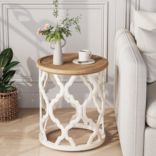 karlott Farmhouse End Table, 18.5'' French Country Round Side Table, Distressed Tray Top Side Table with Curved Motif Frame Base for Boho, End Tables Living Room, Bedroom, Small Space, Cream Beige