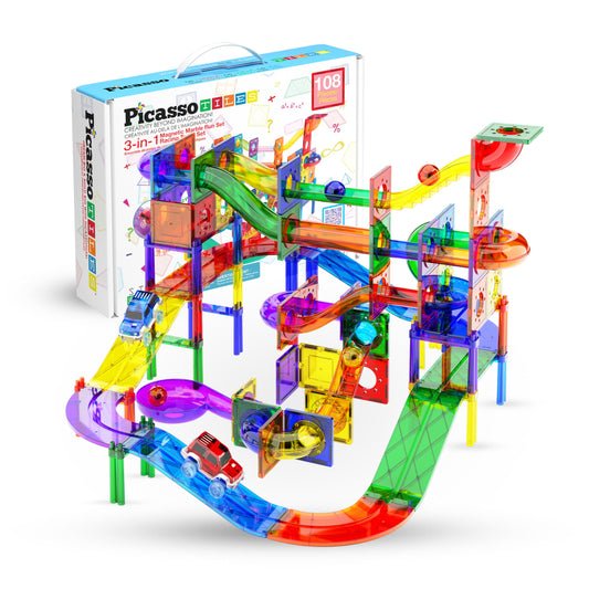 PicassoTiles 108pc Magnetic Marble Run Set with Building Tiles Race Track Car Slides Set STEM Learning Toy 3-in-1 Preschool Construction Kit for Indoor Activity and Development for Kids age 3+ PTG108