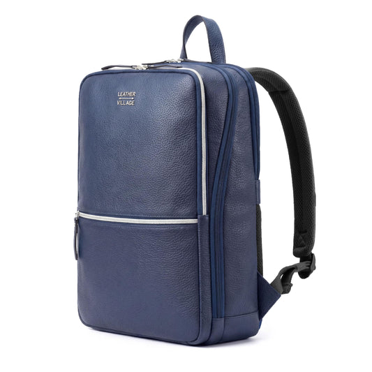 LEATHER VILLAGE Leather Laptop Backpack for Men | Blue | Slim Professional Business Bag Fits 15.6”-Laptop | Water-Repellent Work & Travel Daypack with Trolley Strap