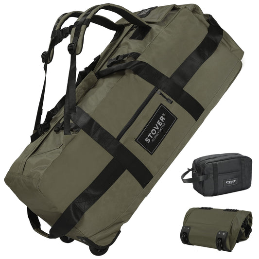 STOVER 45/80/100L Rolling Duffel Bag with Wheels, Large Durable Travel Duffle + Toiletry Bag, Heavy Duty, Packable, Foldable with Shoulder Straps- Use as Luggage or Backpack, Men/Women (Green)